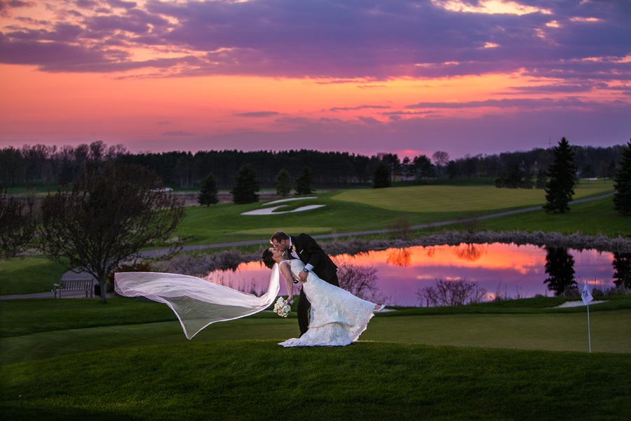 The Knot Best of Weddings Hall of Fame. Bride and groom and a stunning Rush Creek Golf Course sunset.
