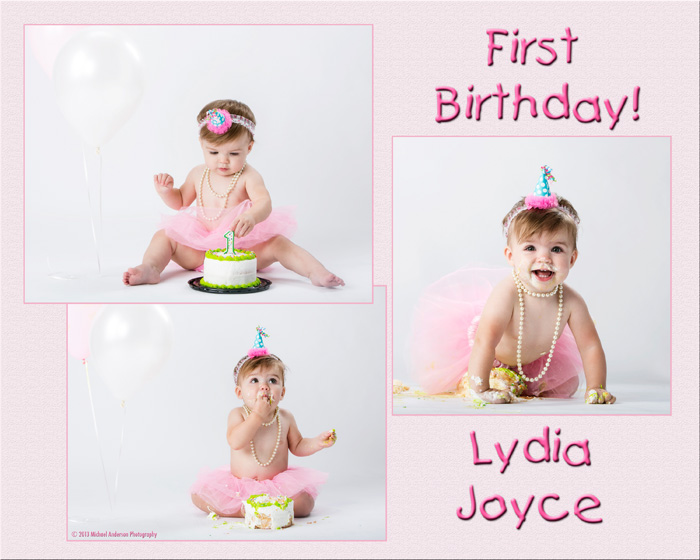 Lydia's first birthday pictures in an 8x10 collage.