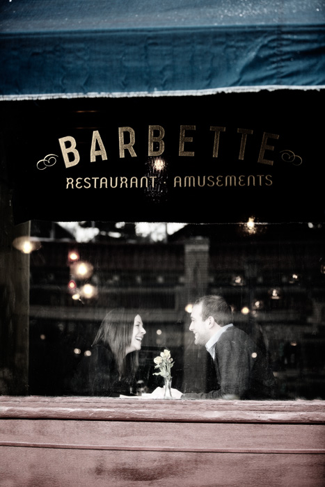 Engagement portrait of Grant and Christine at Barbette Restaurant in Uptown, Minneapolis, MN.