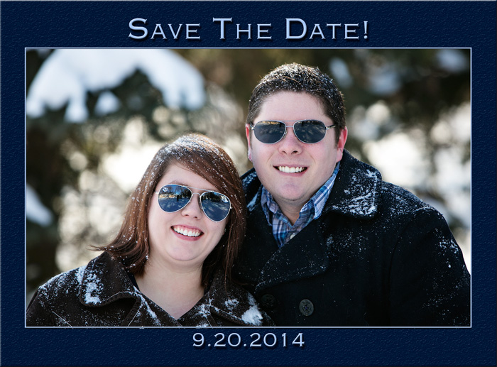 The front side of Lyndsay and Kevin's Save The Date Postcard. Image taken in the Portrait Park at Michael Anderson Photography in Mounds View, MN.