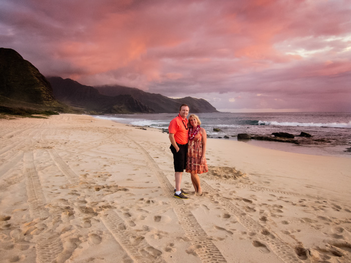 Michael and Joannie Anderson at sunset on the south shore of Oahu, Hawaii.