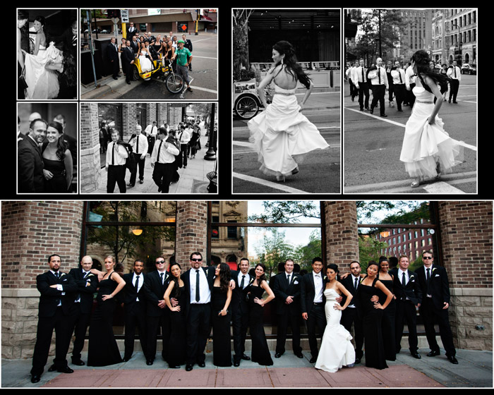 Bride, groom and their wedding party in the streets of Minneapolis.