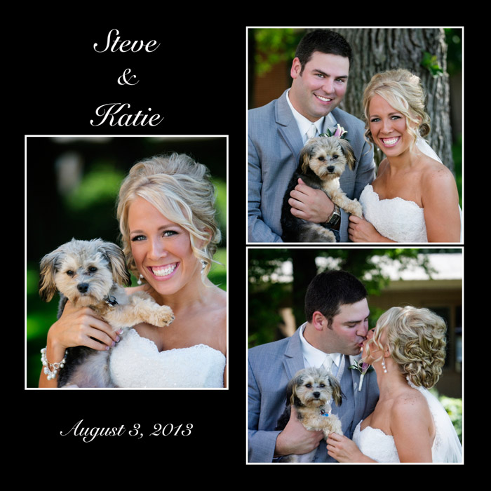 Steve and Katie's wedding album design. The opening page with their puppy "Ruby".