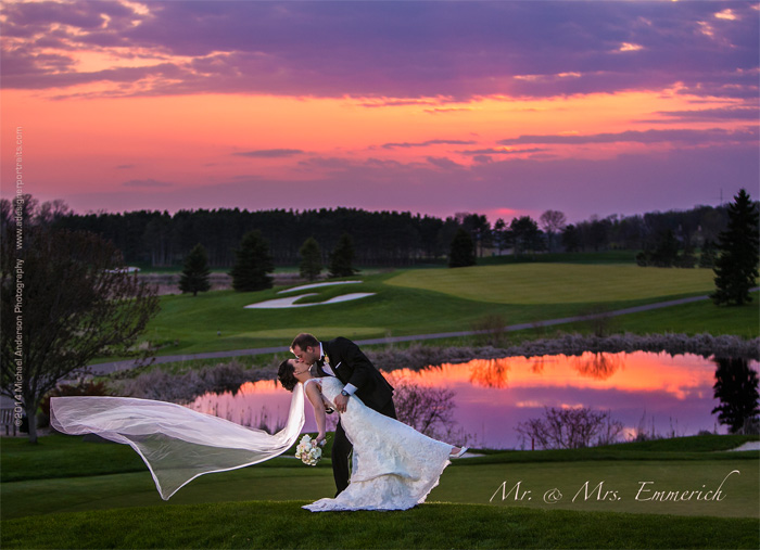 Bride and groom thank you card featuring a stunning Rush Creek Golf Course sunset.