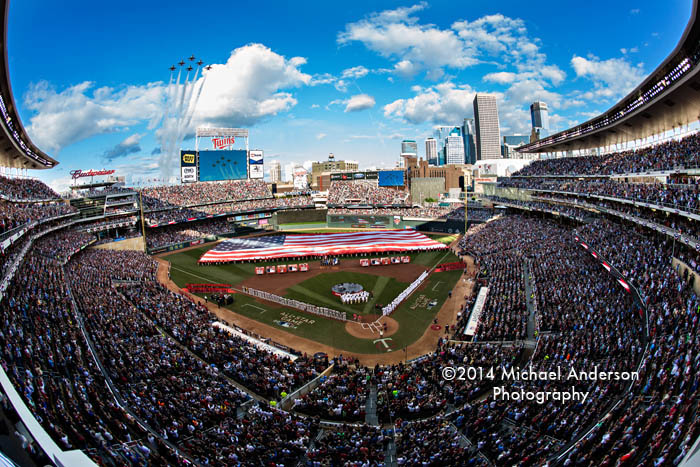 USAF Thunderbirds fly over during the National Anthem at the 2014 Major League Baseball All Star Game at Target Field in Minneapolis, MN.
