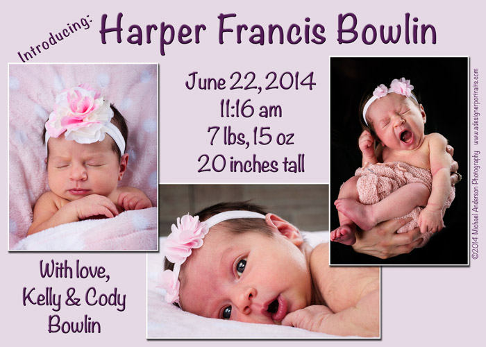 Newborn baby announcement card for a baby girl.