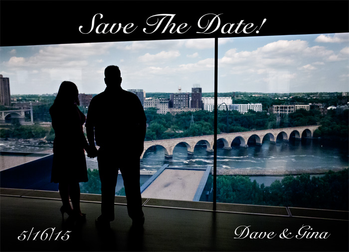 The front of Dave & Gina's Save the Date cards. The engagement portrait taken at the Guthrie Theater in Minneapolis, MN.