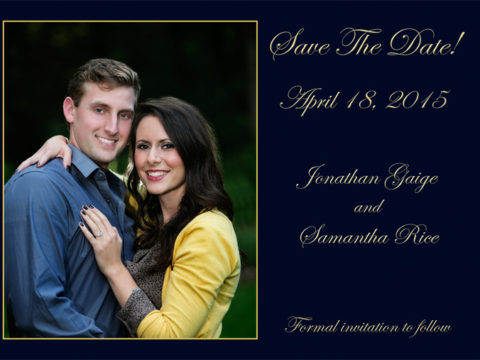 Front side of the Save the Date Cards for Samantha & JT's wedding. Their wedding is a destination wedding to be held at Blessed Sacrament Church in Hibbing, MN.