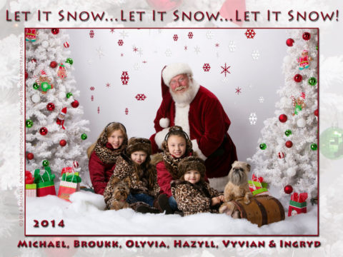 2014 Holiday Card designs. This one features four sister and their puppies with Santa Claus himself! Kids portrait taken at the studio of Michael Anderson Photography during their "Portraits with Santa Claus" special in November 2014.