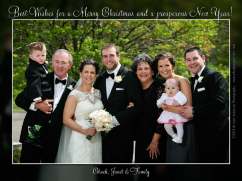 Christmas Card designs. This one features a family portrait taken at the wedding of Christine and Grant. Their wedding and their wedding photography happened at Rush Creek Golf Course in May 2014.