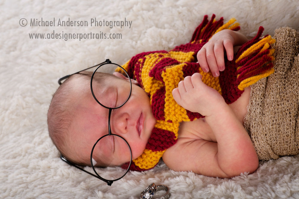 Newborn Baby Boy Portraits. Newborn baby boy dressed as a college nerd.