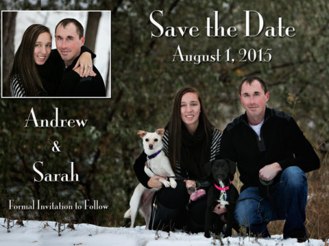 Andrew and Sarah's Save the Date Card design from their engagement portraits taken in the snow near downtown Anoka, MN.