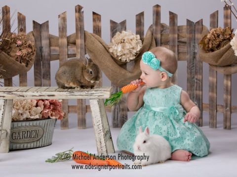 Claire Rose with bunnies Hopper & Snowball in one of her 2015 Easter Bunny Portraits.