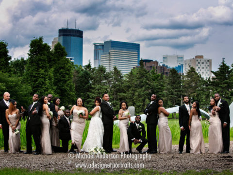Semple Mansion wedding photographer image of a wedding party at the Minneapolis Sculpture Gardens.