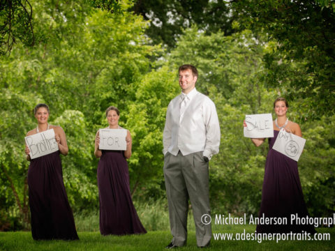 Three sisters holding signs that say "Brother For Sale - Only 50 Cents!" at his Crown of Life Lutheran Church wedding.