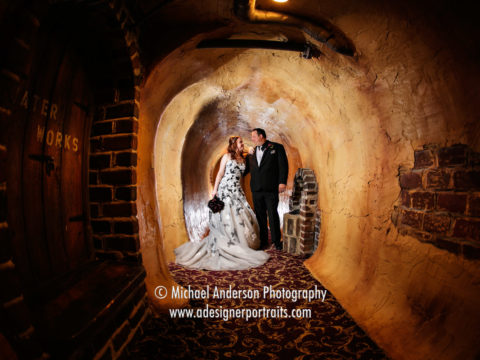 Chanhassen Dinner Theater wedding photograph of a bride & groom in the cave under the theater.