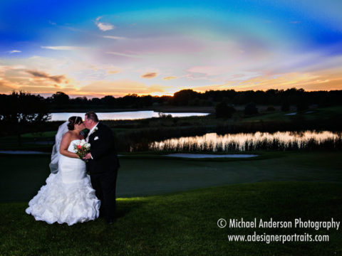 Wedding photograph of a bride and groom and a pretty sunset at Rush Creek Golf Course in Maple Grove, MN.