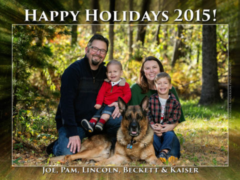 Front side of the 2015 Holiday card design for Joe & Pam from their fall color family portraits.