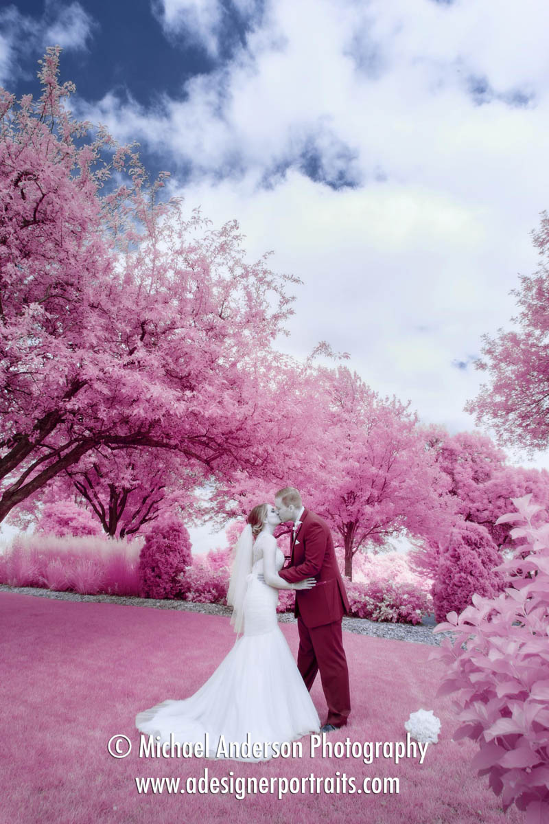 Color infrared wedding photo of a bride & groom kissing. Wedding photo taken at Brackett's Crossing Country Club in Lakeville, MN.