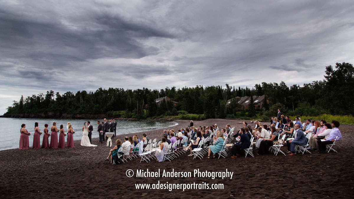 Stormy skies over a beautiful Superior Shores wedding ceremony.