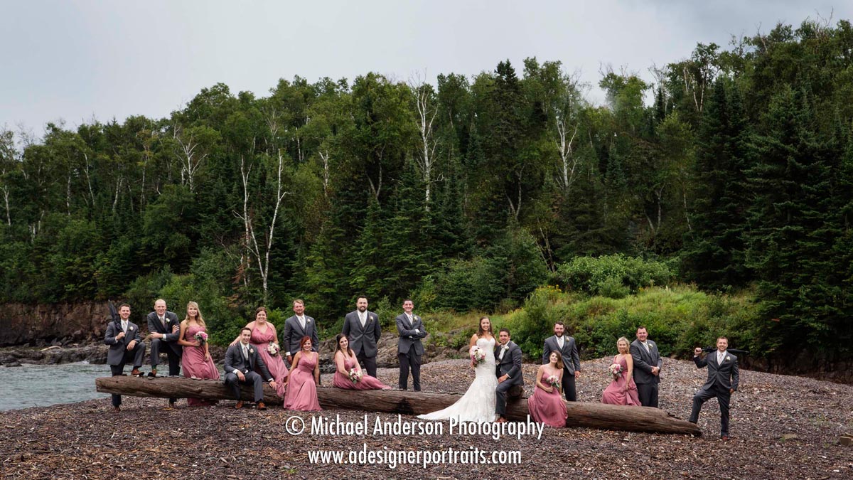 Steve & Kaitlin's wedding party pose on a large log on the north shore of Lake Superior.