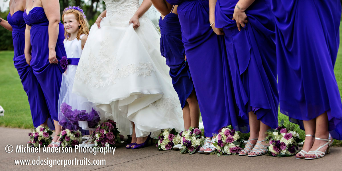 The bride, her bridesmaids and flower girls shoes & flowers. Wedding photography at The Wilds Golf Club Prior Lake MN.