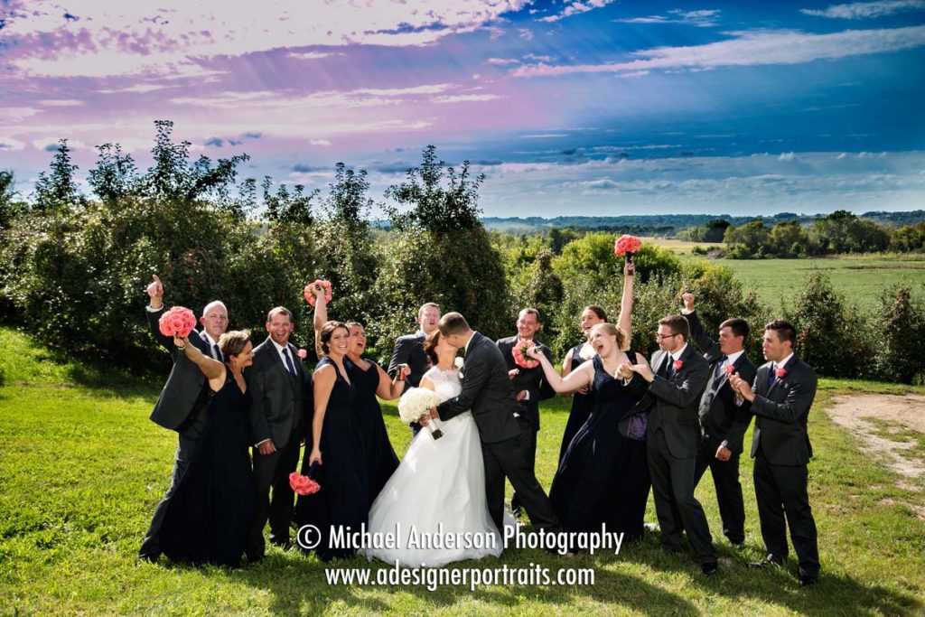 A very pretty, scenic wedding party photo taken at Minnesota Harvest Apple Orchard in Jordan, MN