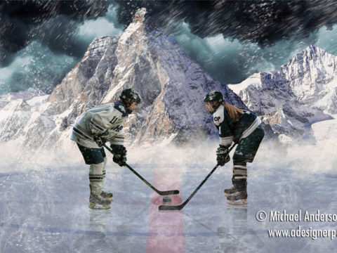 A senior portrait hockey collage created from two green screen images and a mountain background with an ice rink created from scratch. Tori is a Varsity girls hockey player and a 2017 senior at Champlin Park High School.