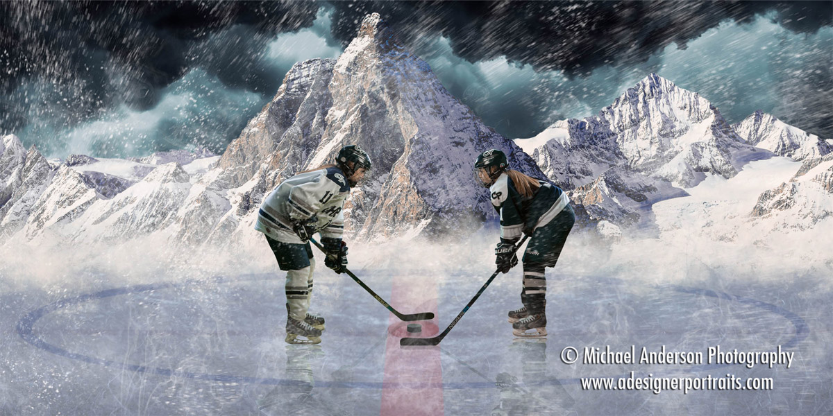 A senior portrait hockey collage created from two green screen images and a mountain background with an ice rink created from scratch. Tori is a Varsity girls hockey player and a 2017 senior at Champlin Park High School.