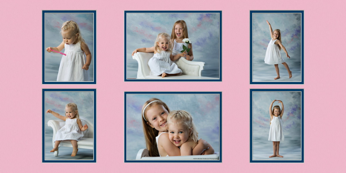 A digitally matted wall portrait collage of Katie's 5 year & Lucy's 2 year portraits .