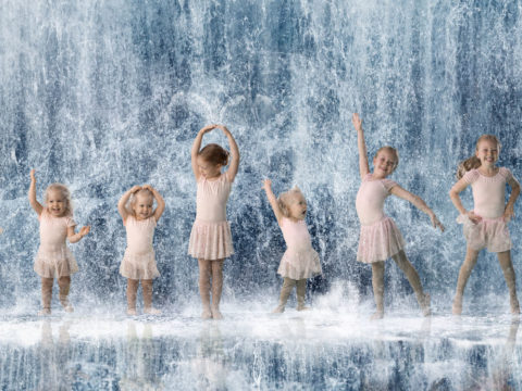 Two sisters in multiple dance poses combined in a panoramic photo collage. Green screen portrait composite titled "Dancing In The Rain!"