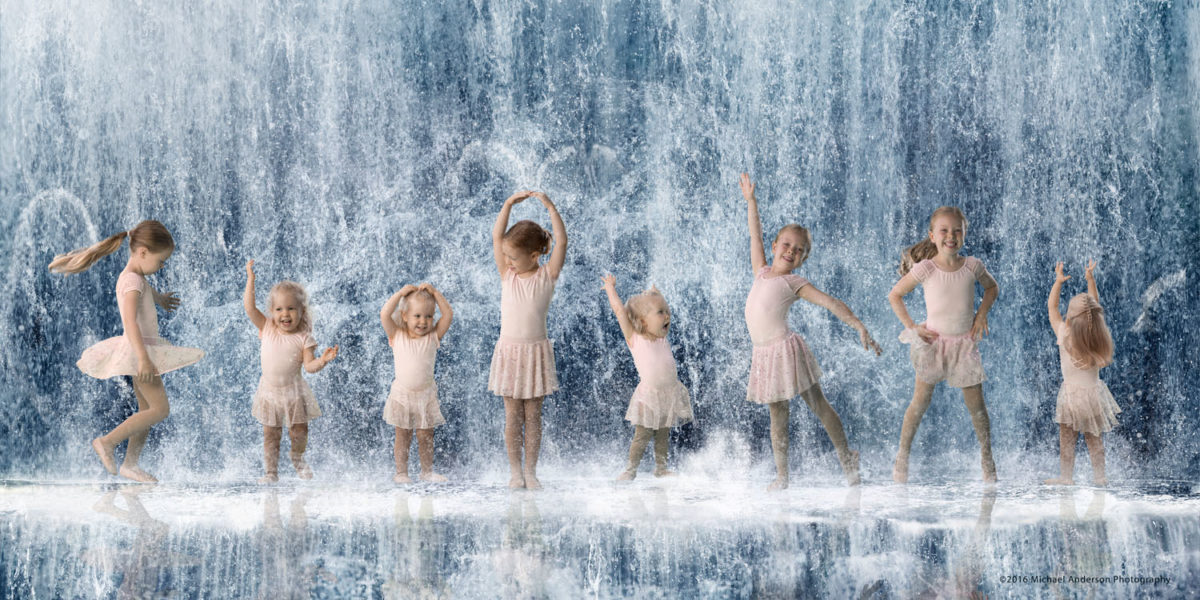 Two sisters in multiple dance poses combined in a panoramic photo collage. A green screen photo composite titled "Dancing In The Rain!"