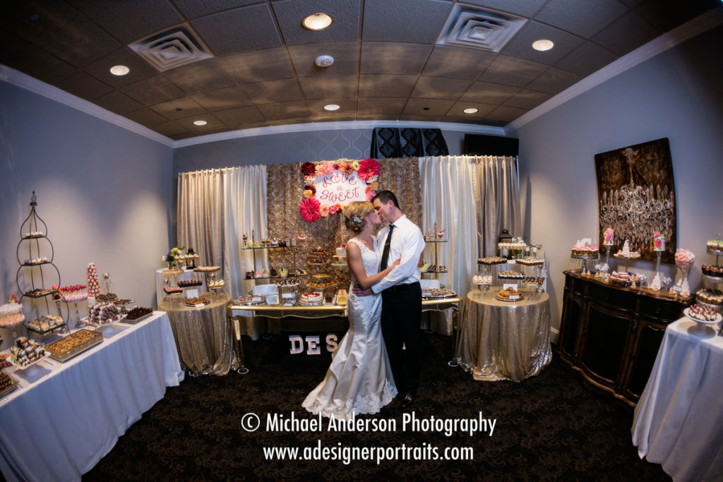 The bride & groom enjoy viewing their "Dessert Room" at Mississippi Gardens before it opened to their wedding guests. The 50 different deserts were created by Dorothy Ann's Bakery from Woodbury, MN.