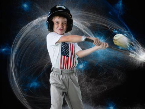 Green screen fantasy portrait of a young baseball player hitting a baseball a long way!