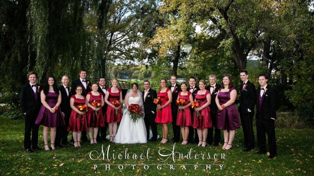 A pretty wedding party photo taken on a cold fall day at Keller Lake Park in St. Paul, MN.