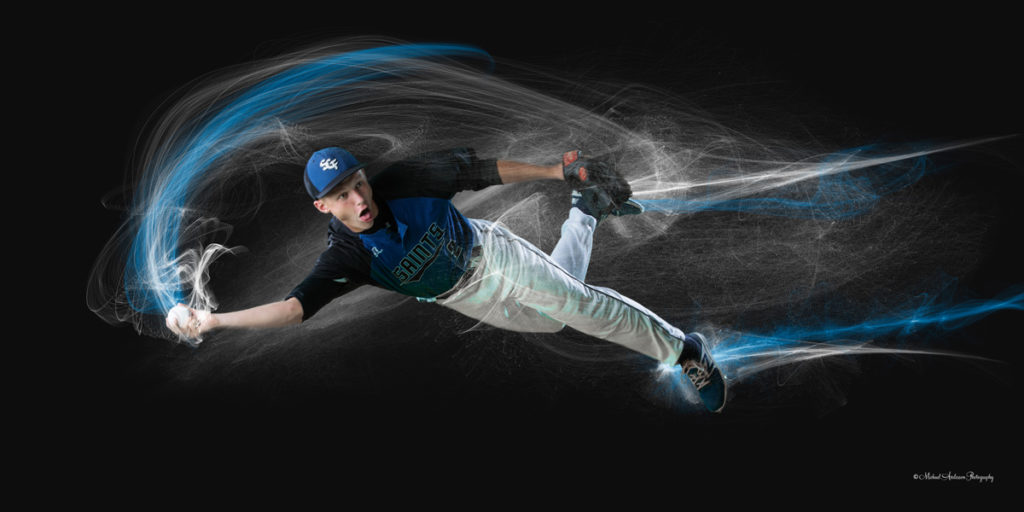 Saint Croix Falls High School baseball player taken on a green screen background. A baseball player is diving and making a throw. Image is after the green screen extraction has been done with school colors and special effects added.