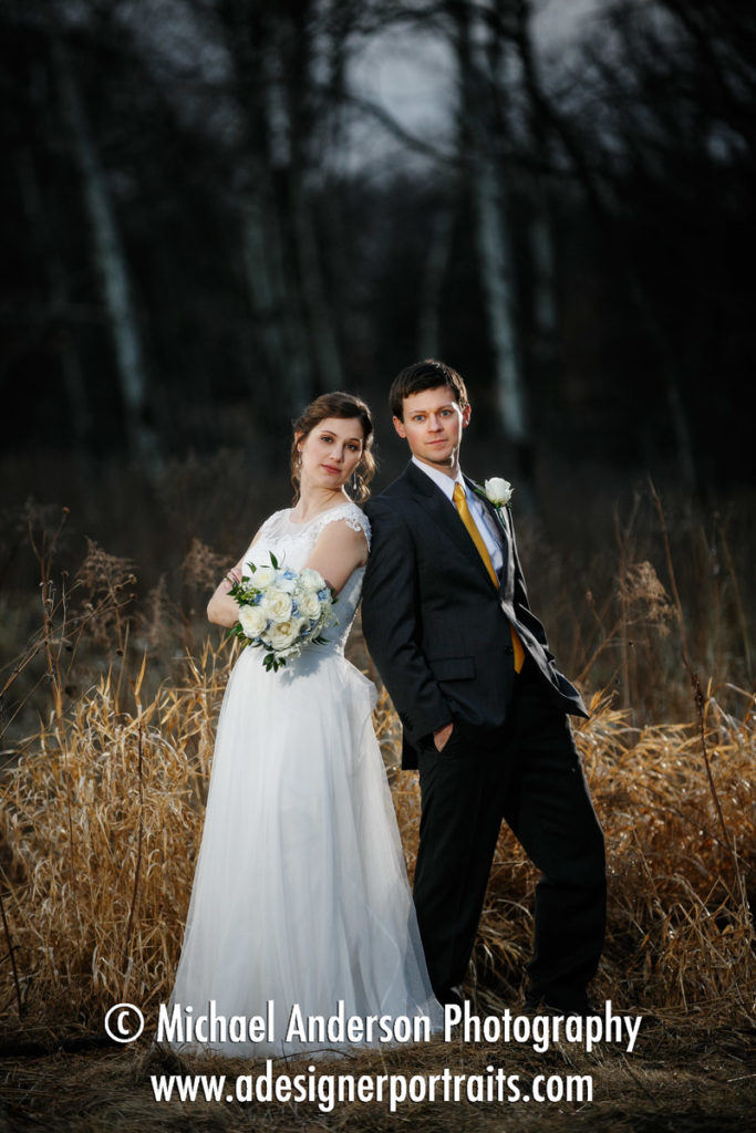 Best Minneapolis Saint Paul MN Wedding Photos in 2017. A pretty wedding photo of a bride and groom in the tall grasses at Long Lake Regional Park in New Brighton, MN. Image taken at dusk with lots of supplemental lighting. Wedding photo taken after their wedding at Our Savior's Lutheran Church in Circle Pines, MN.