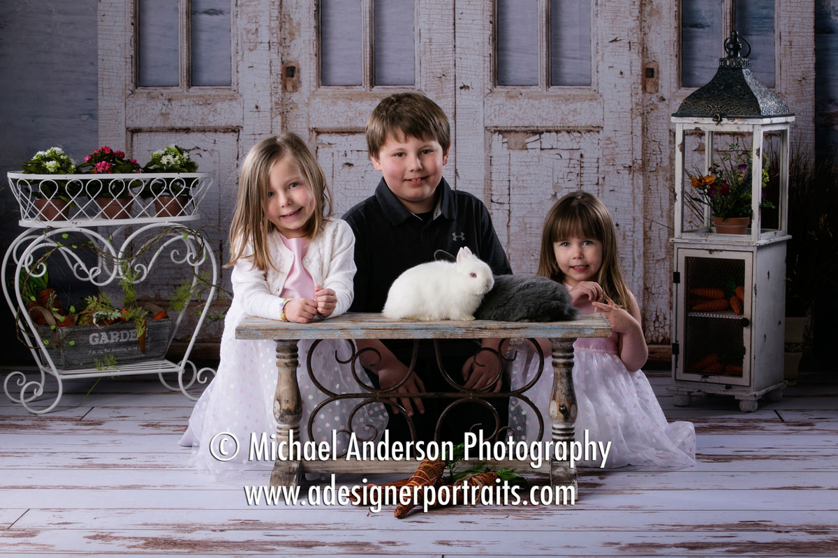 A brother and his two little sisters pose for one of their 2017 portraits with real bunnies.