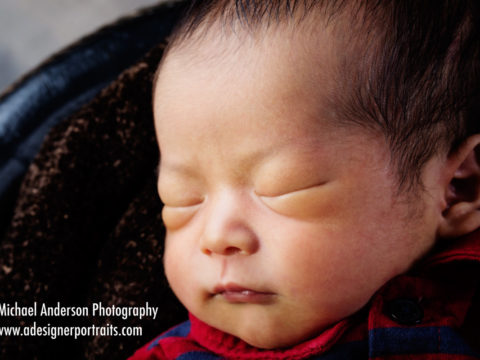 An adorable nine day old baby boy takes a snooze during his newborn baby portraits.