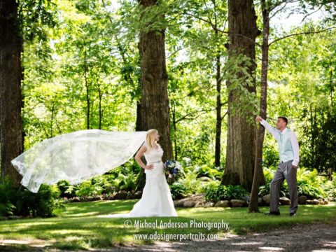 A pretty portrait of Ricky & Rebecca in the woods before their beautiful Panola Valley Gardens wedding in Lindstrom, MN.