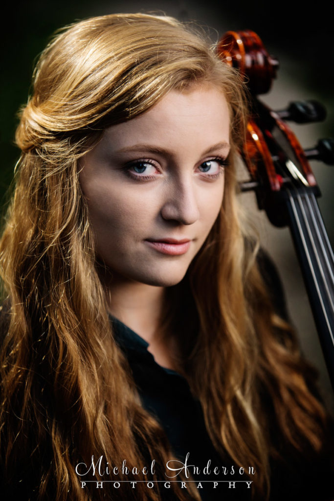 A stunning close up image of a girl and her cello. Image created for her Minnesota Landscape Arboretum senior portraits.