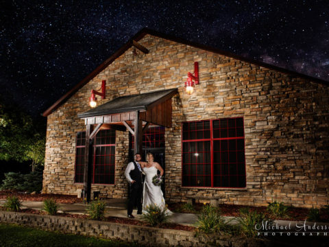 A starry night light painting wedding photograph created at The Pavilion at Lake Elmo.