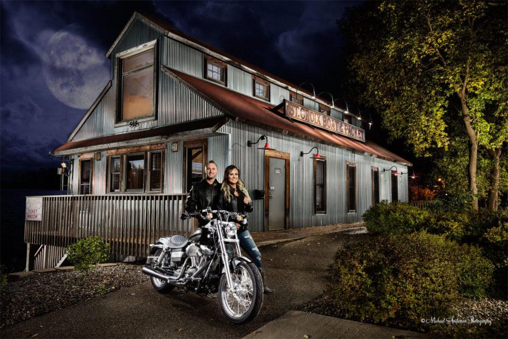Mounds View photographer. Version one, the "cool" version of Corey & Ashley's Harley Davidson engagement light painting.