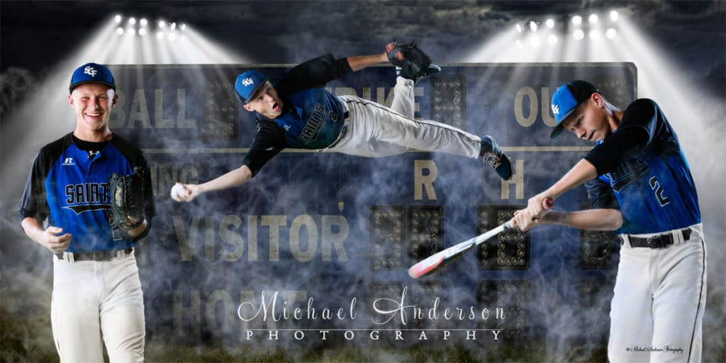A cool Saint Croix Falls baseball player senior portrait collage created on a green screen background. The final image was created after the green screen extractions were completed. A score board and special effects have been added.