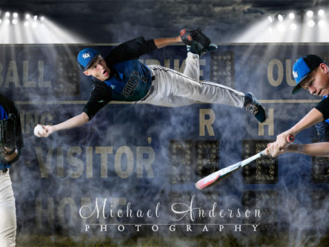 A cool Saint Croix Falls baseball player senior portrait collage created on a green screen background. The final image was created after the green screen extractions were completed. A score board and special effects have been added.