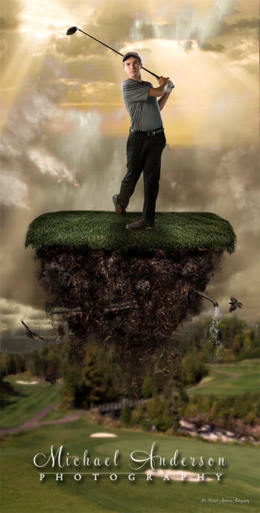 A cool green screen sports composite of Ben golfing. This senior portrait has him on a tee box, up in the clouds on his follow through after hitting is driver.