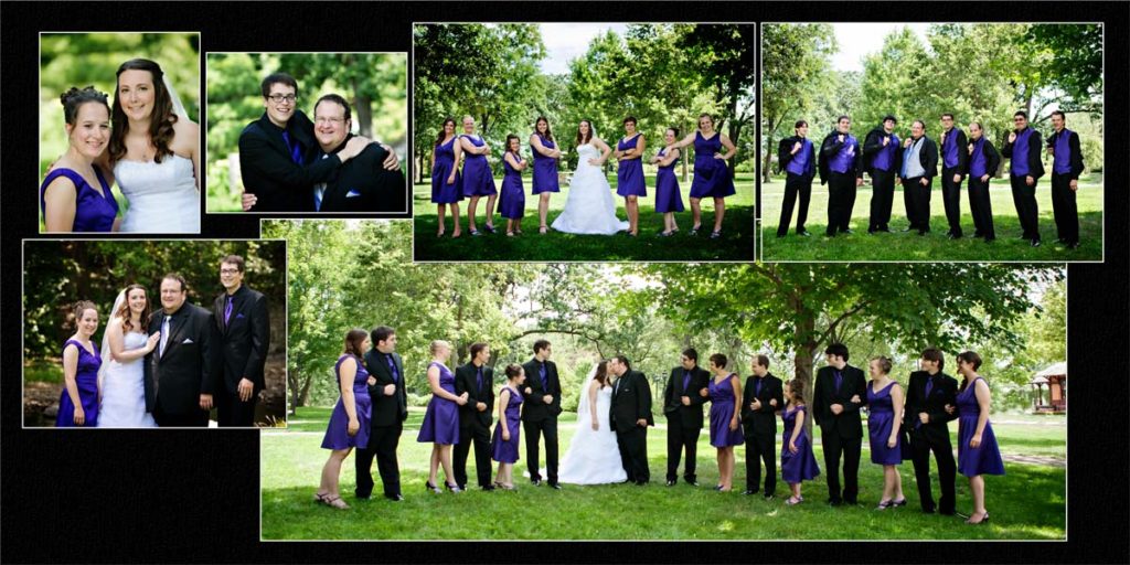 A collage of several fun wedding party photos taken at Minnehaha Falls Park in Minneapolis, MN.