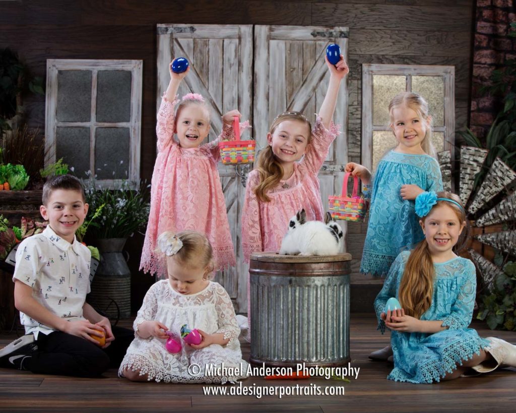 Mounds View MN Portrait Photographer Easter Bunny Photographs. A cute Easter photo of six cousins having a visit with our cute bunnies.