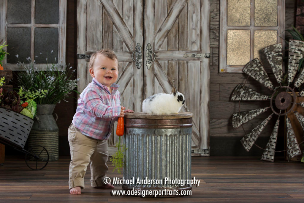 Mounds View MN Photographer Easter Bunny Photos 2018. An adorable eleven month old boy with our two bunnies.