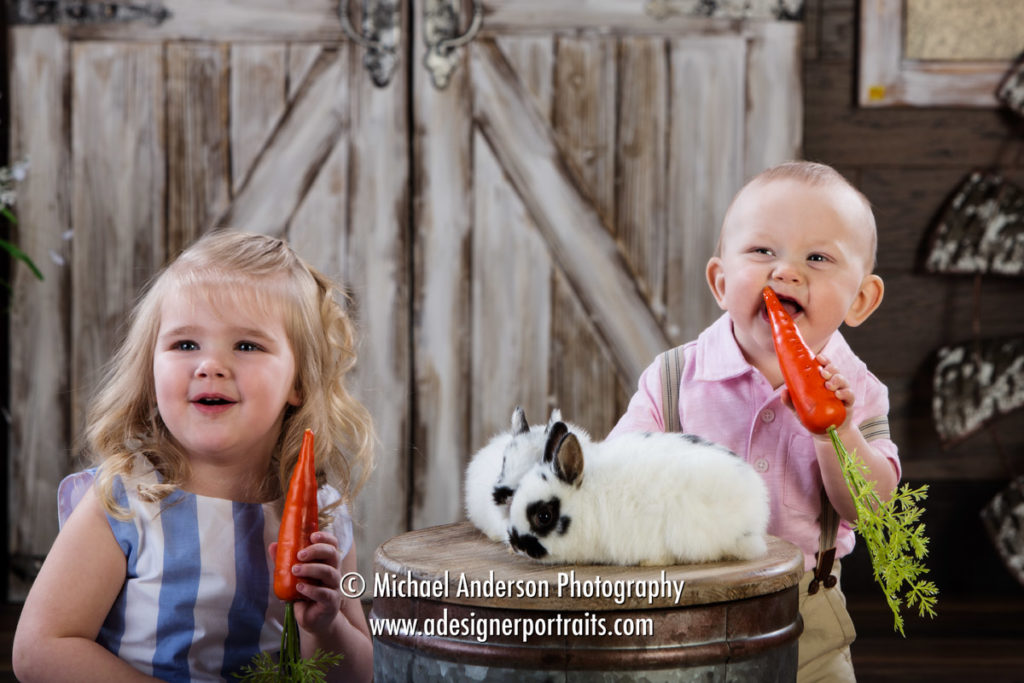 Mounds View MN Photographer Easter Bunny Photos 2018. Two cute siblings visit with our two cute bunnies!